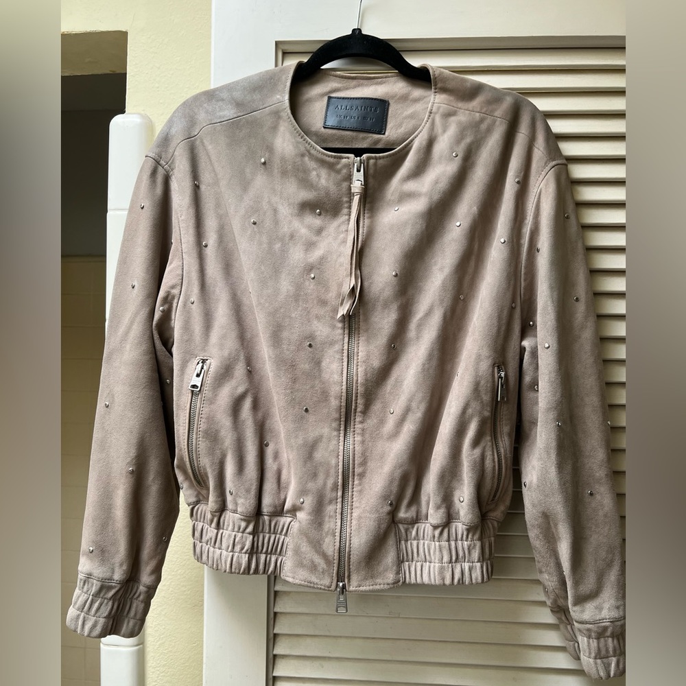 All Saints Taupe Silver Studded Suede jacket with discoloration.